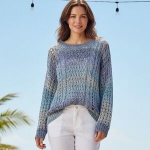 Coldwater Creek Ombre Knit Sweater Pullover Open Weave Blue Gray Size L 14